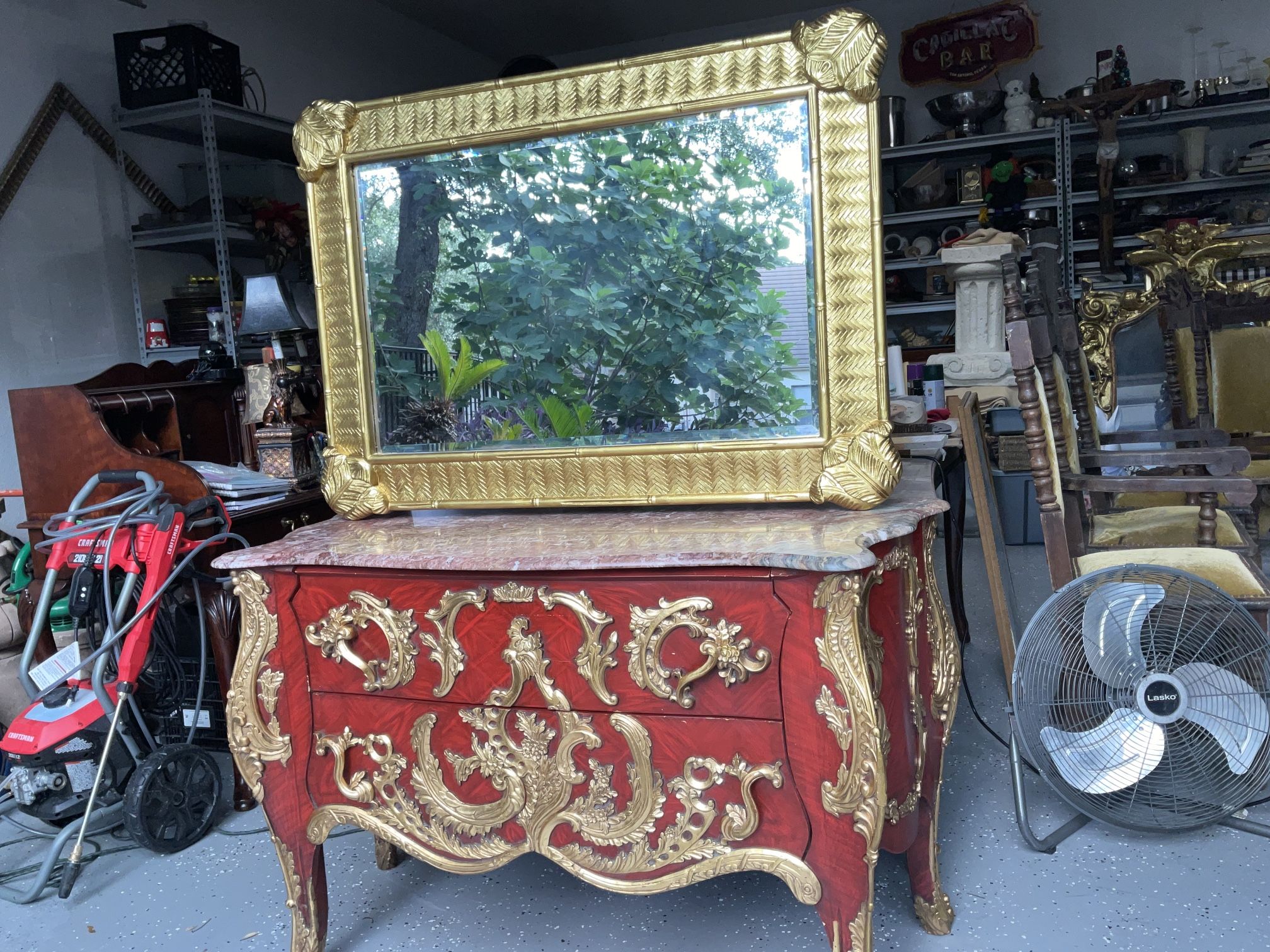 FRENCH CHEST AND MIRROW MAHOGANY GOLD APLICATIONS ARE WOOD NOT BRONZE MARBLE NATURAL PIC UP DOMINION