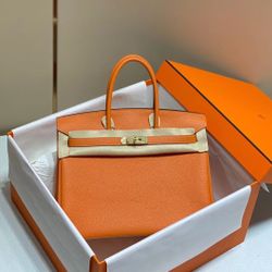 Hermes Birkin Ladies Bag Lychee Orange Gold Hardware 30cm