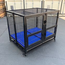 (NEW) $190 Folding Heavy-Duty Dog Crate 41”x31”x34” Dual-Door Stackable Cage Kennel, Divider, Plastic Tray