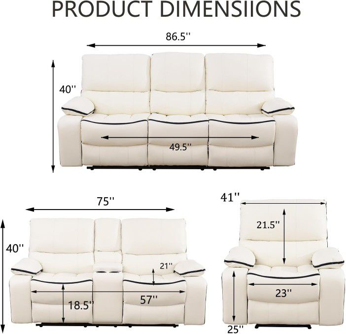 white color Leather Reclining Living Room Sofa Set