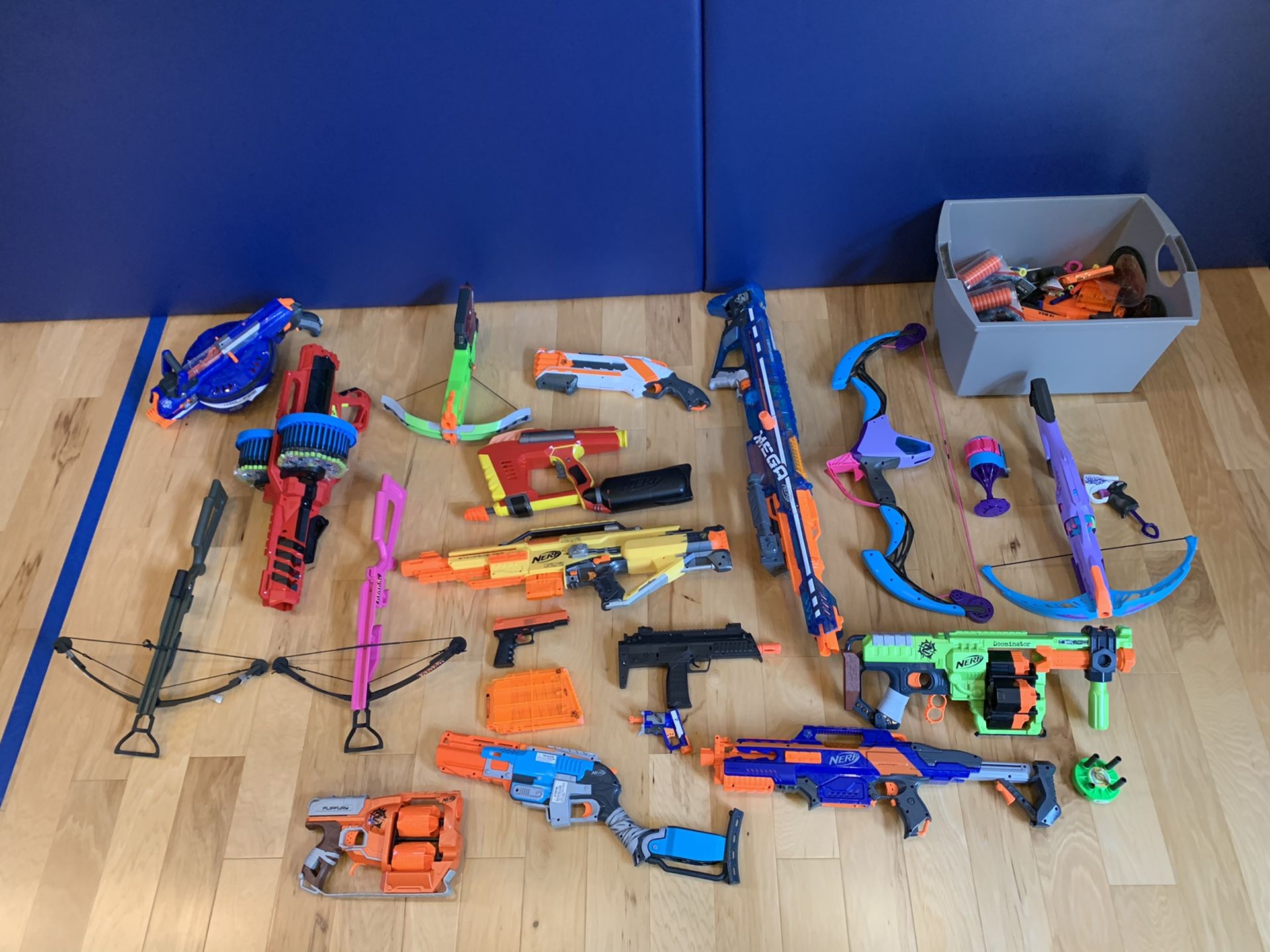 Nerf guns, crossbows, bullets—Lot