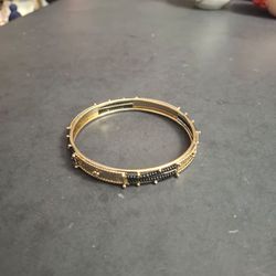 Polished Goldtone Kada Indian Bangle Bracelet With Intricate Metalwork & Small Black Beads For Protection Against Evil Spirits 2 5/8" Opening