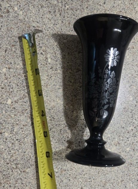 Vintage Black Amethyst Glass Bud Vase with Sterling Silver Overlay Flowers Art Deco