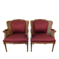 Pair Century Furniture. Red Double Caned Bergere Chairs 