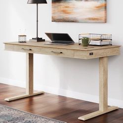 2 Drawer 53" Power Adjustable Height Desk in Natural Light Oak Finish