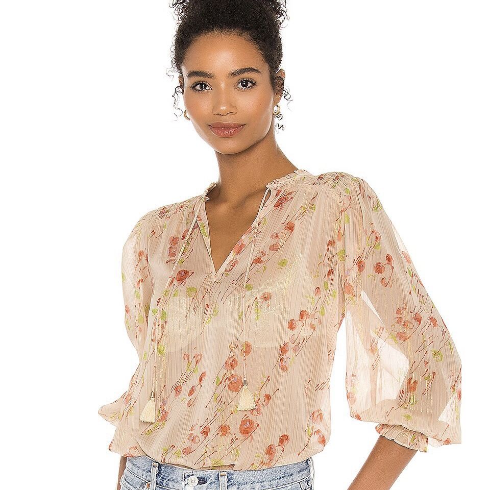PAIGE After Glow Multicolor Shimmer Indira Semi Sheer Smocked Puff Sleeve Blouse