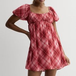 Live To Be Spoiled Red/Pink Plaid Babydoll Dress with Short Puff Sleeves, Juniors Size XS Extra-Small *Brand New with Tags* MSRP $34.99