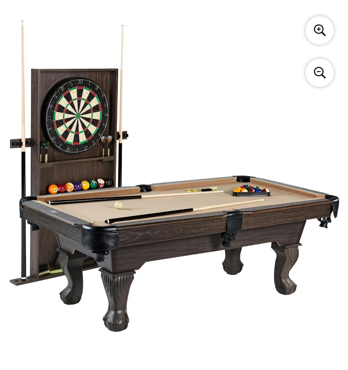 7.5 ft Pool Table, Billiard Cue Rack, Dartboard Set, Tan, by Barrington Billiards Company