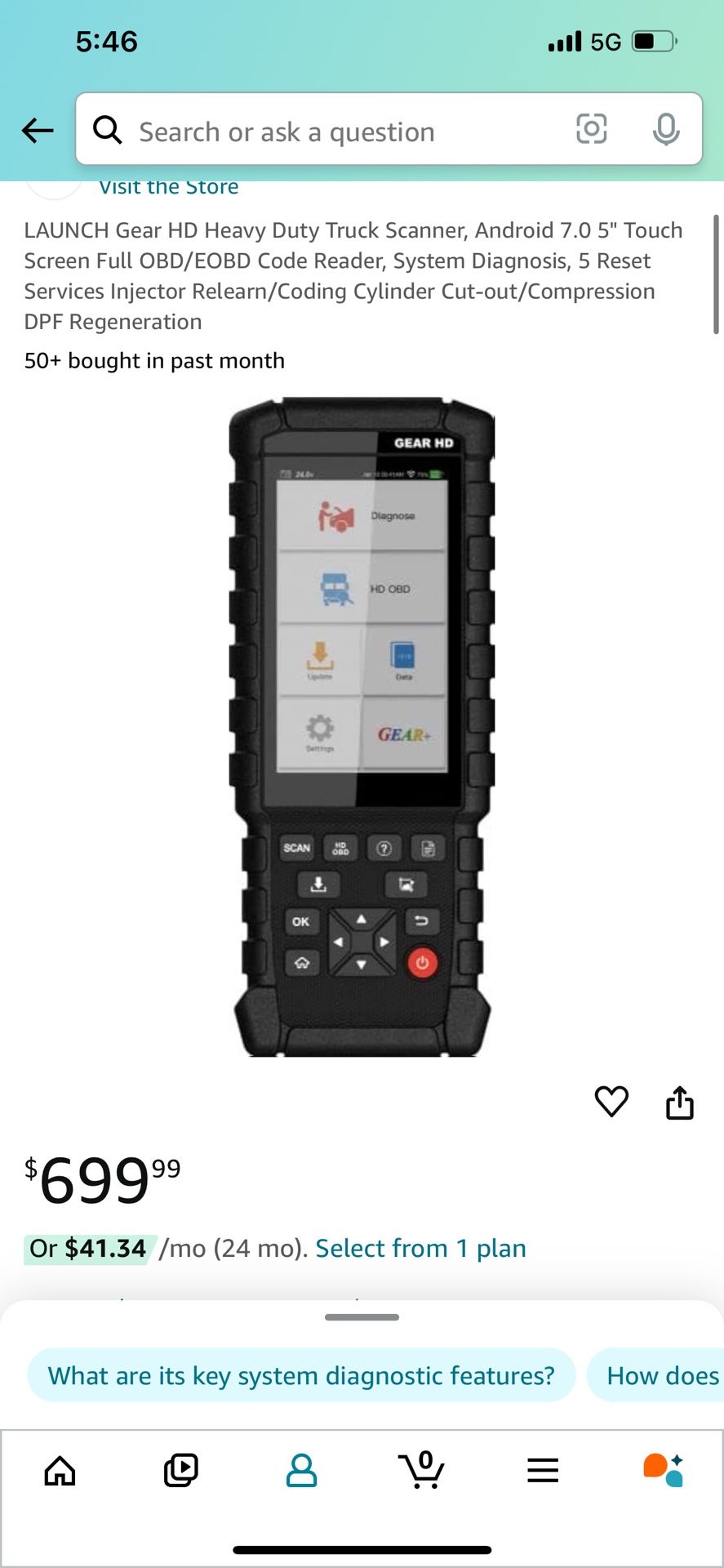 LAUNCH Gear HD Heavy Duty Truck Scanner, Android 7.0 5" Touch Screen Full OBD/EOBD Code Reader, System Diagnosis, 5 Reset Services Injector Relearn/Co