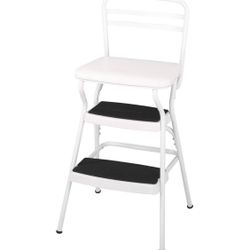 COSCO Retro Chair + Step Stool with Flip-Up Vinyl Seat, White