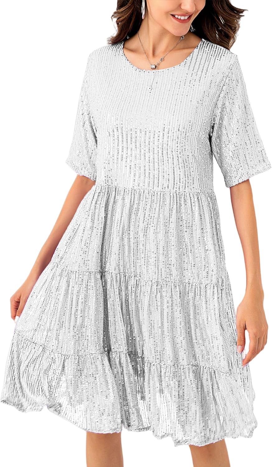 Sequin Babydoll Summer Dress, Sparkly Glitter Short Flowy Tiered Tunic Dress-XL