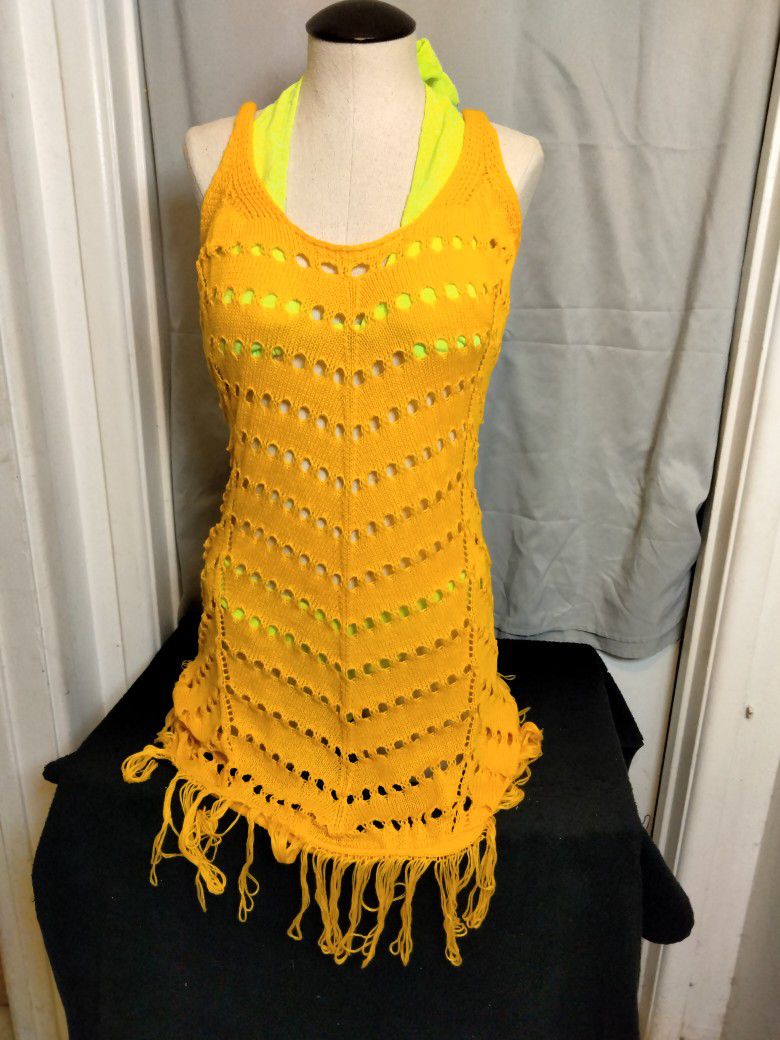 Yellow Knitted Swim Cover  Dress