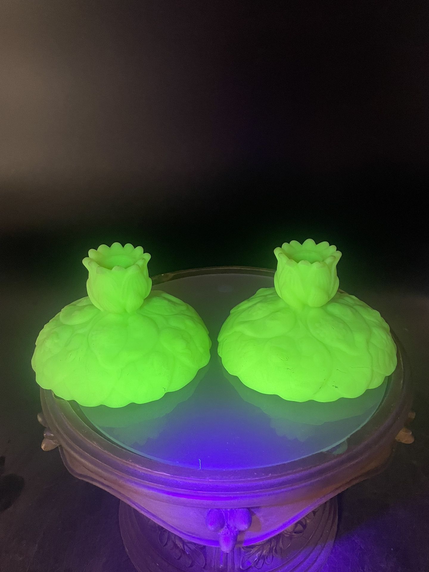 Vintage Pair of Fenton "Water Lily" Uranium Lime Custard Glass Candle Holders 5”