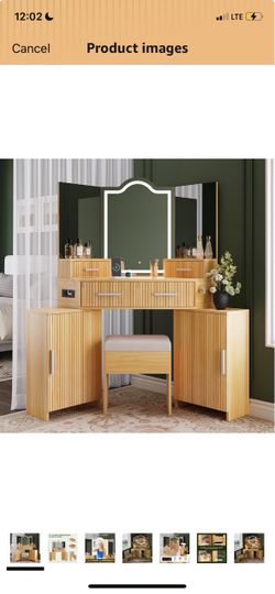 NEW 51” Fluted Corner Vanity w/ Lighted Mirror, Stool & Storage
