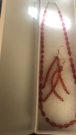 Coral beaded necklace and matching earrings
