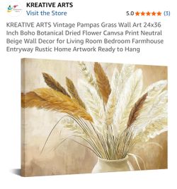 KREATIVE ARTS Vintage Boho Pampas Grass Canvas Wall Art 24”x36”