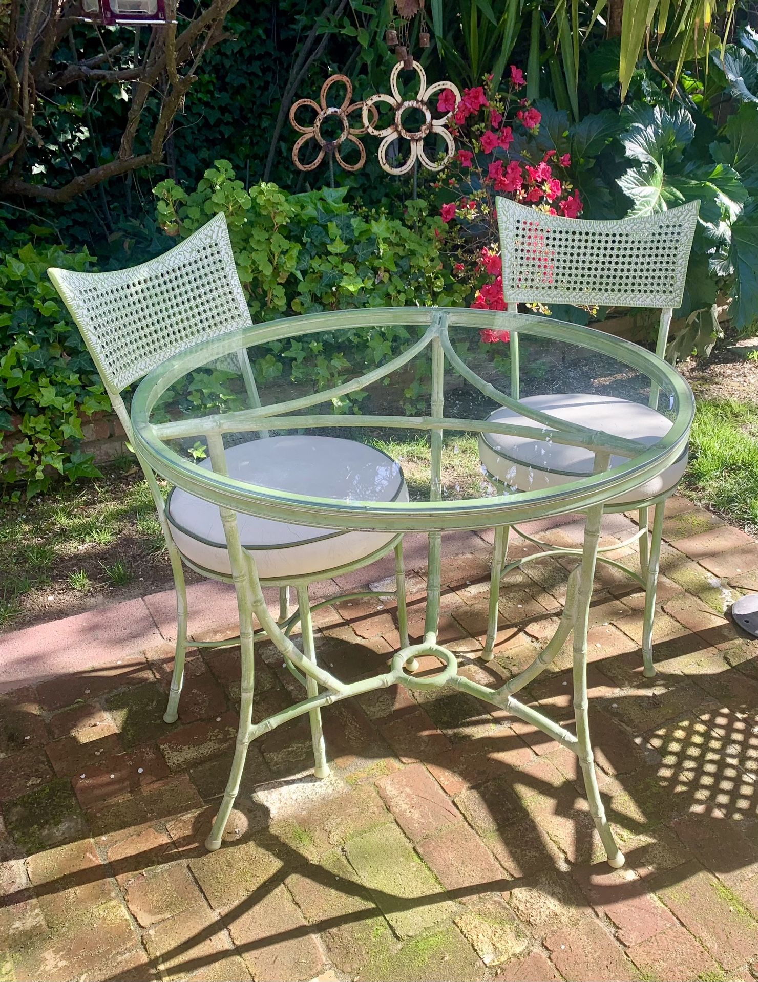 Vintage MCM Metal and Glass Bamboo Look Bistro Set