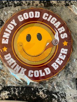 Man cave bottle cap metal sign 15" enjoy cigars drink cold beer smiley face