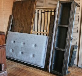 Grey Tufted Headboard, Footboard, Dark Wood
