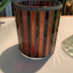 STAINED GLASS VOTIVE Candle Holder, Votive Tealight Candle Holder, Striped Amber Brown Orange Glass Candle Holder, 3" Tall