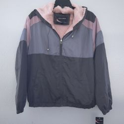 Women Gray and Pink Hooded Colorblock Jacket With Pink Faux Fur