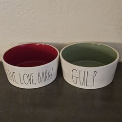 Pair Of Large Ceramic Pet Food Bowls By Rae Dunn