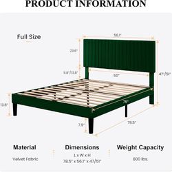 Full Upholstered Platform Bed Frame with Vertical Channel Tufted Velvet Fabric Adjustable Headboard, Wooden Slats Support, Mattress Foundation, Box Sp