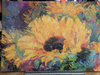 "Blue Sunflowers" canvas wall art by Richard Wallich stretched canvas on wood frame 54" x 36"