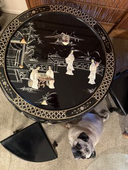 Black Lacquer Mother of Pearl Round Asian Coffee Table Set