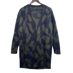 NEW COS Size Small Mohair Wool Blend Animal Print Long Cardigan in Green Navy
