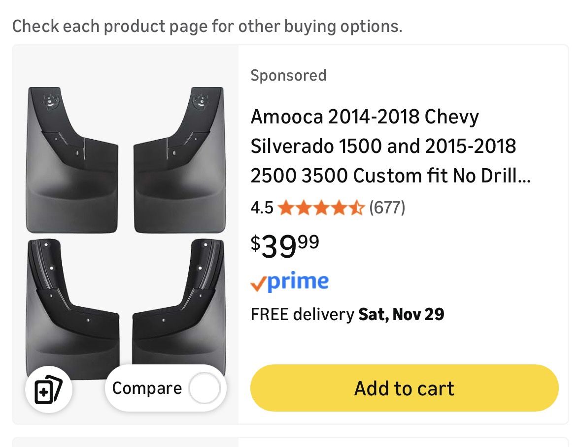 Chevy Silverado 1500 and 2015-2018 2 Custom fit No Drill Mud Flaps Mud Guards Flare Splash Guards Kits Molded 4 Piece Set NOT for GMC Sierra