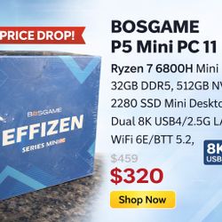 BOSGAME P5 Mini PC 11 Pro Ryzen 7 6800H Mini PC, 32GB DDR5, 512GB NVMe 2280 SSD Mini Desktop, Dual 8K USB4/2.5G LAN/WiFi 6E/BT 5.2, Home Office Busine