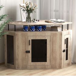 Dog Crate with Cushion, 52" L Wooden Dog Kennel End Table for Medium Large Dogs, Indoor Dog House with Storage Shelf, Side Storage Cabinet, Oak