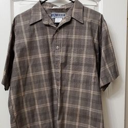Untied, large plaid dress shirt light brown & black