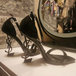 Opyum YSL Logo-Heel Sandals with Black Hardware