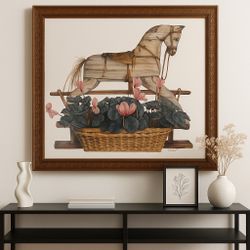Vintage Framed Wall Art – Rocking Horse & Flowers (35” x 29”)