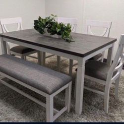 ✅️✅️(6 pc white & grey finish wood dining table set grey padded seat chairs and bench✅️✅️✅️