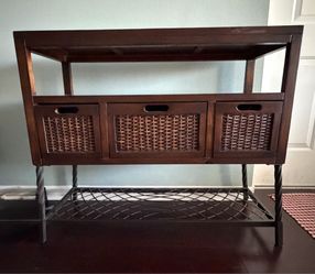 Console table + 2 tall basket towers (wood/metal/ wicker)