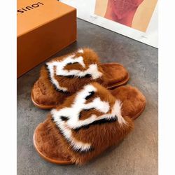 fur slides for women lv