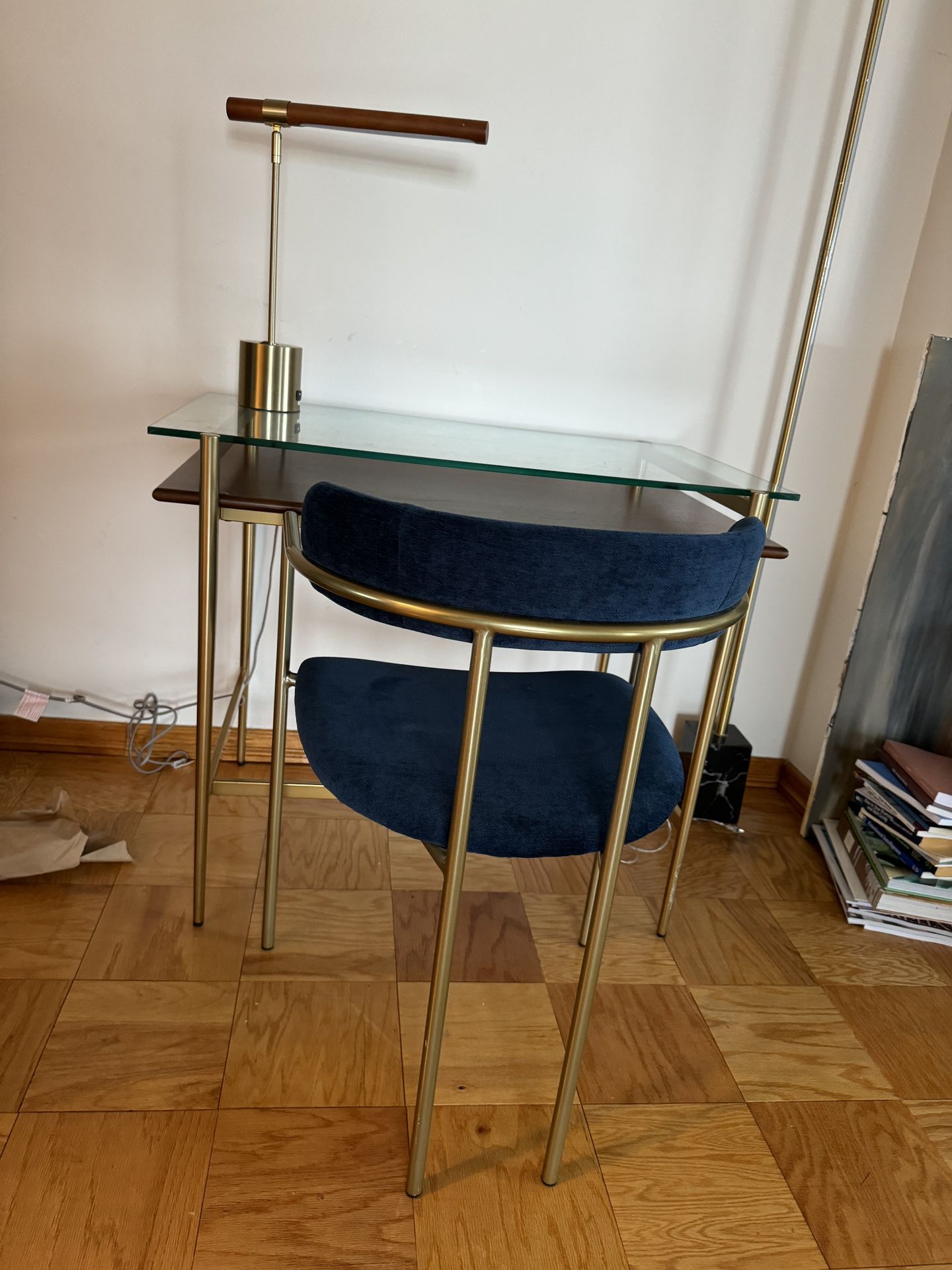 Westelm glass and metal table with chair and lamp