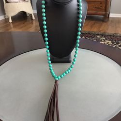 Faux Turquoise Bead Necklace With Leather Tassel