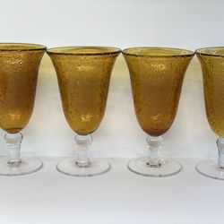 Set of (4) Gorgeous Large  Hand Blown Bubble Infused Iris Amber Tea/Water Goblets. By Artland Inc. Great Condition.