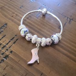 Handmade European Style Murano Glass Beads Pink Cowgirl Bangle Bracelet