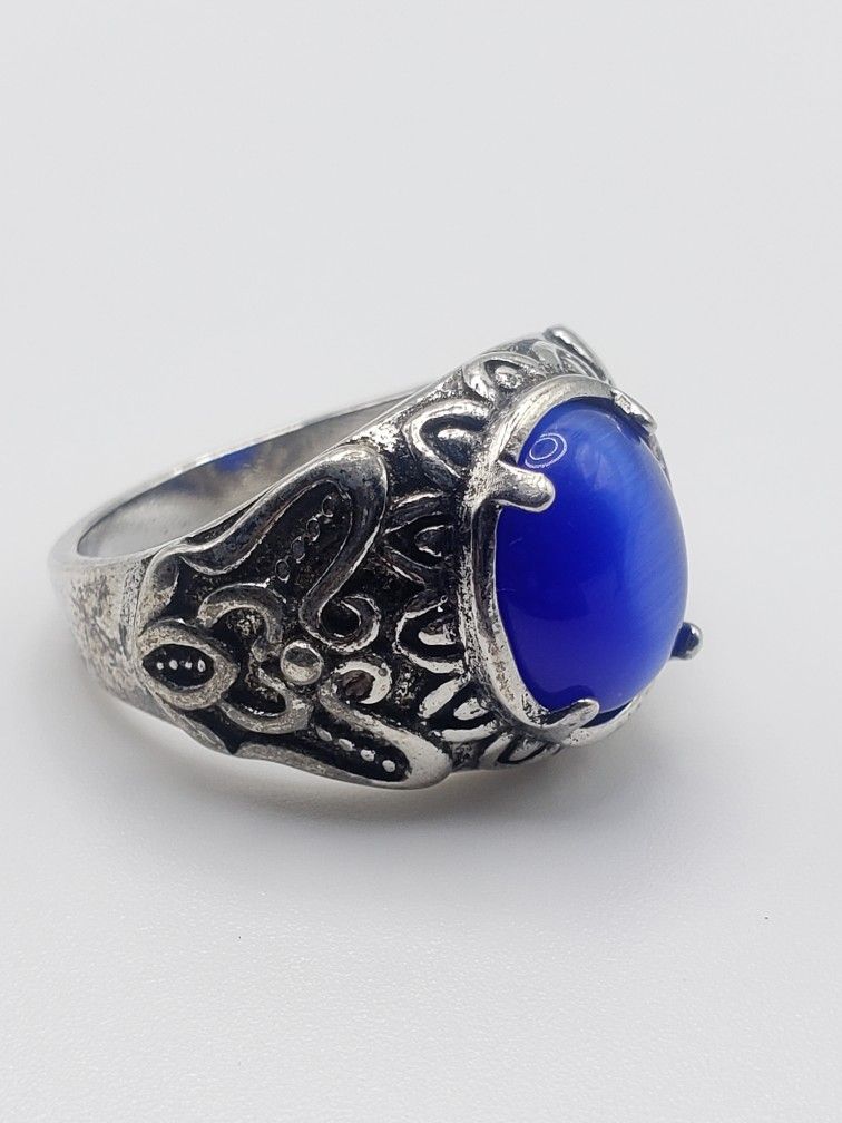 Size 9 Simulated Retro Style Blue Gemstone 925 Silver Ring For Women and Men