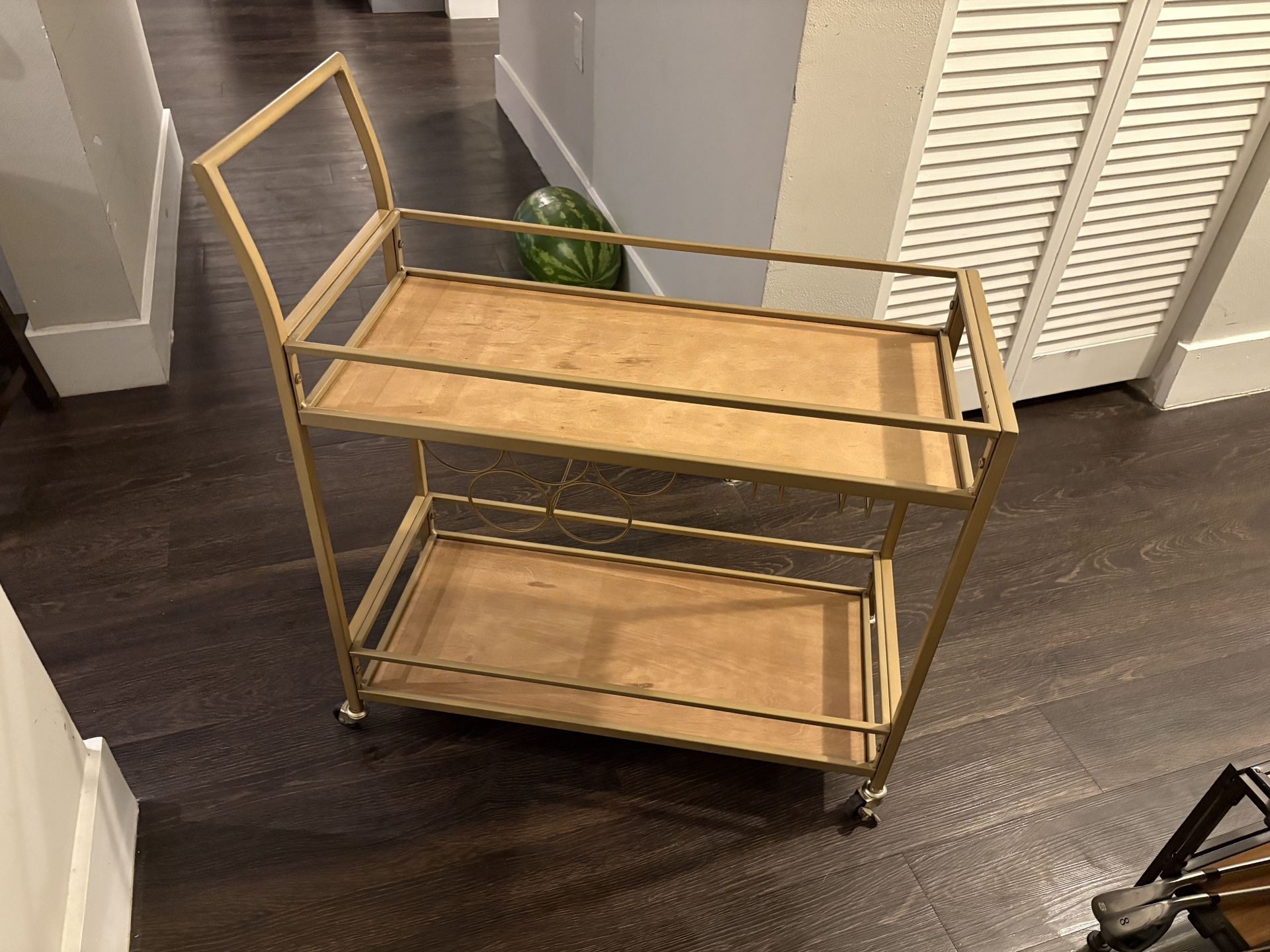 Gold Metal & Wood Bar Cart with Wine Rack and Wheels