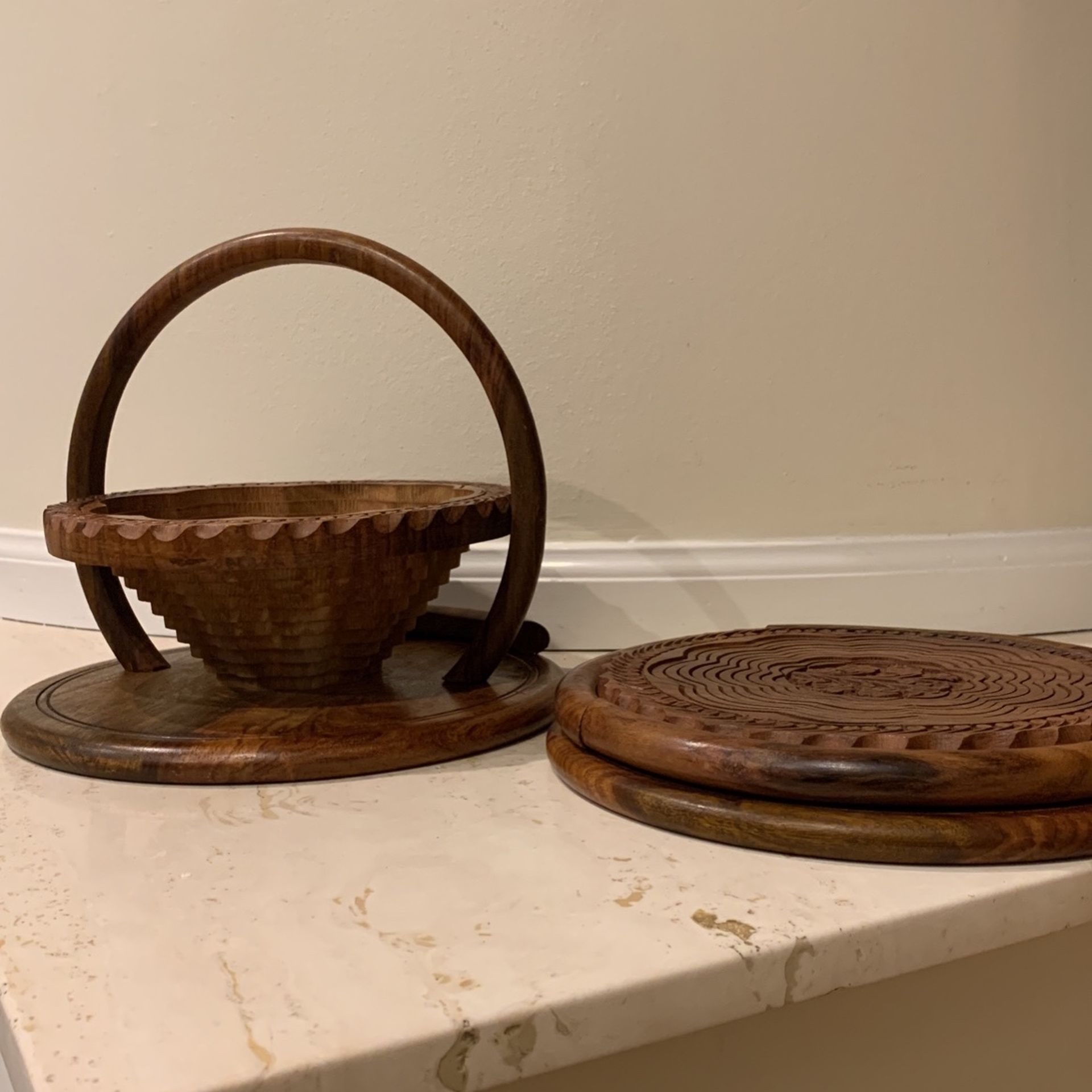 Pair Of Basket Style Collapsible Wooden Bowls