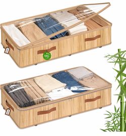 NEW Livole 2-Pack XXL Bamboo Under Bed Storage Containers w/ Wheels – Adjustable Height, 92L Capacity
