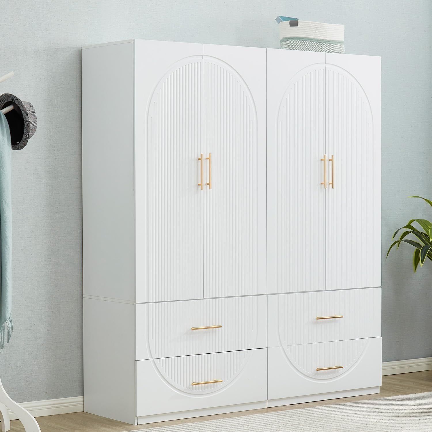 71" H 4 Doors Armoire Wardrobe Closet with Drawers, Bedroom Armoires Cabinet Wooden with Hanging Rod and Drawers,Large Wardrobes and Armoires for Stor