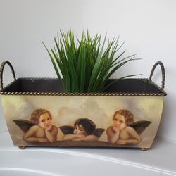 Cherub Metal Bssket, Planter, Tin, With Handles 
