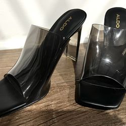 New! ALDO Black Slip On Open Toe Block Clear Heel Mule 4” W